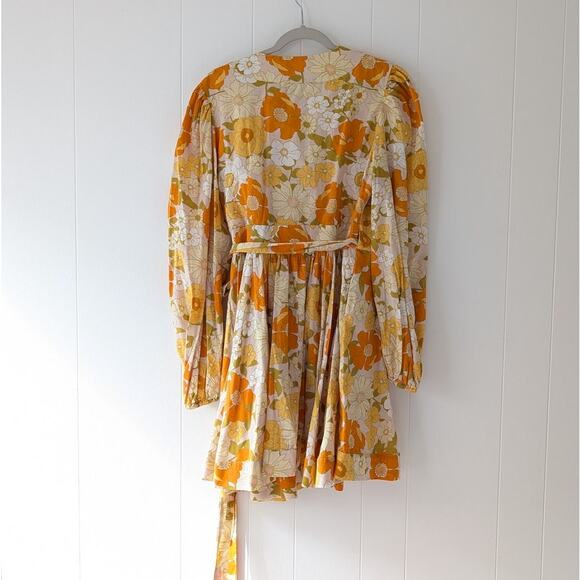 MILLE Nan Long Sleeve Cotton Wrap Mini V-neck Dress in Retro Floral, size XL - Picture 3 of 8